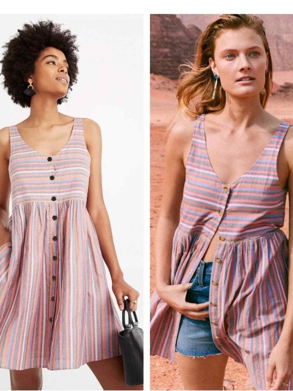 Madewell Scoop Neck Buttondown Cotton Tank Dress In Rainbow Stripe Size Medium